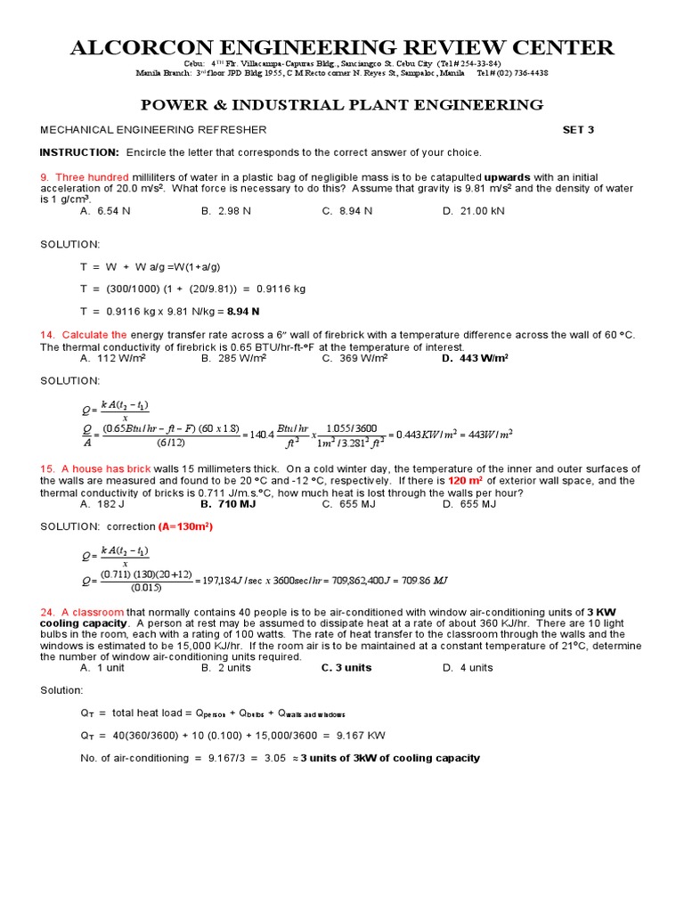 Engineering Review Center Solutions | PDF | Refrigeration | Heat Transfer