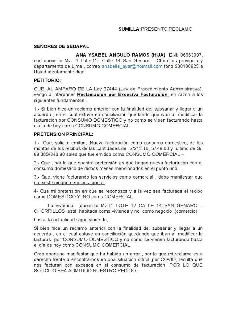Solicitud de reclamo a sedapal pdf