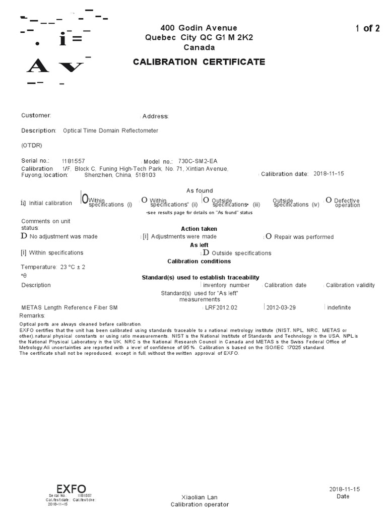 Certificado de Calibracion Otdr Exfo PDF Calibration Metrology