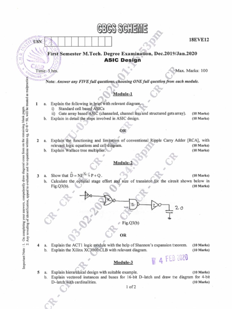 VTU Question Paper of 18EVE12 ASIC Design Jan 2019 PDF
