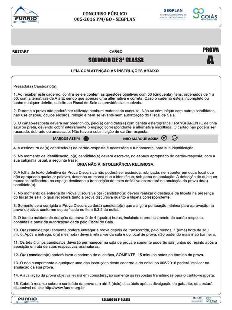 Funrio 2017 PM Go Soldado Da Policia Militar Prova | PDF | Violência ...