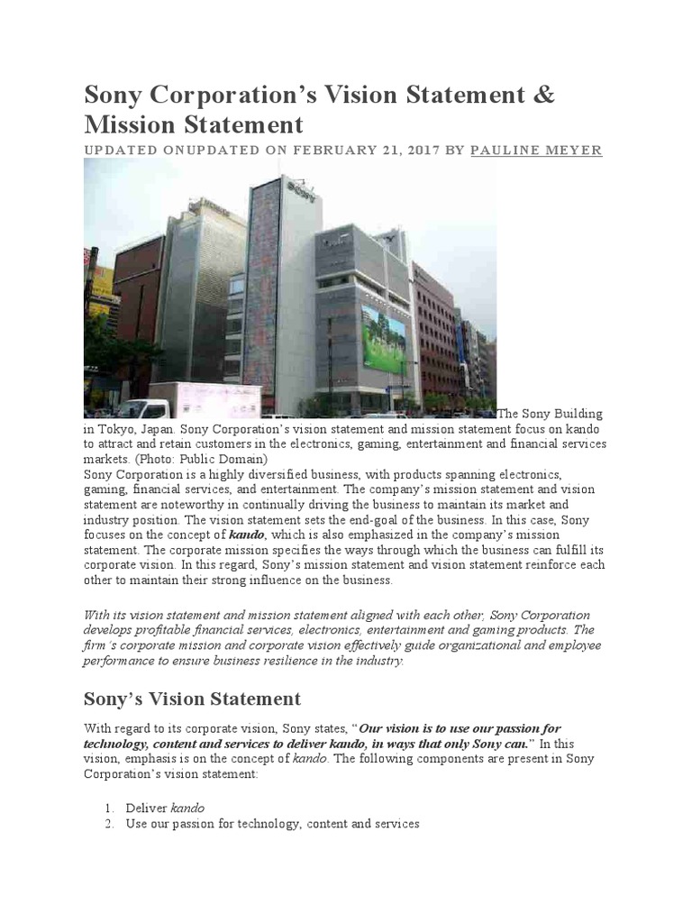 Sony Corporation Mission Statement PDF Sony Emotions