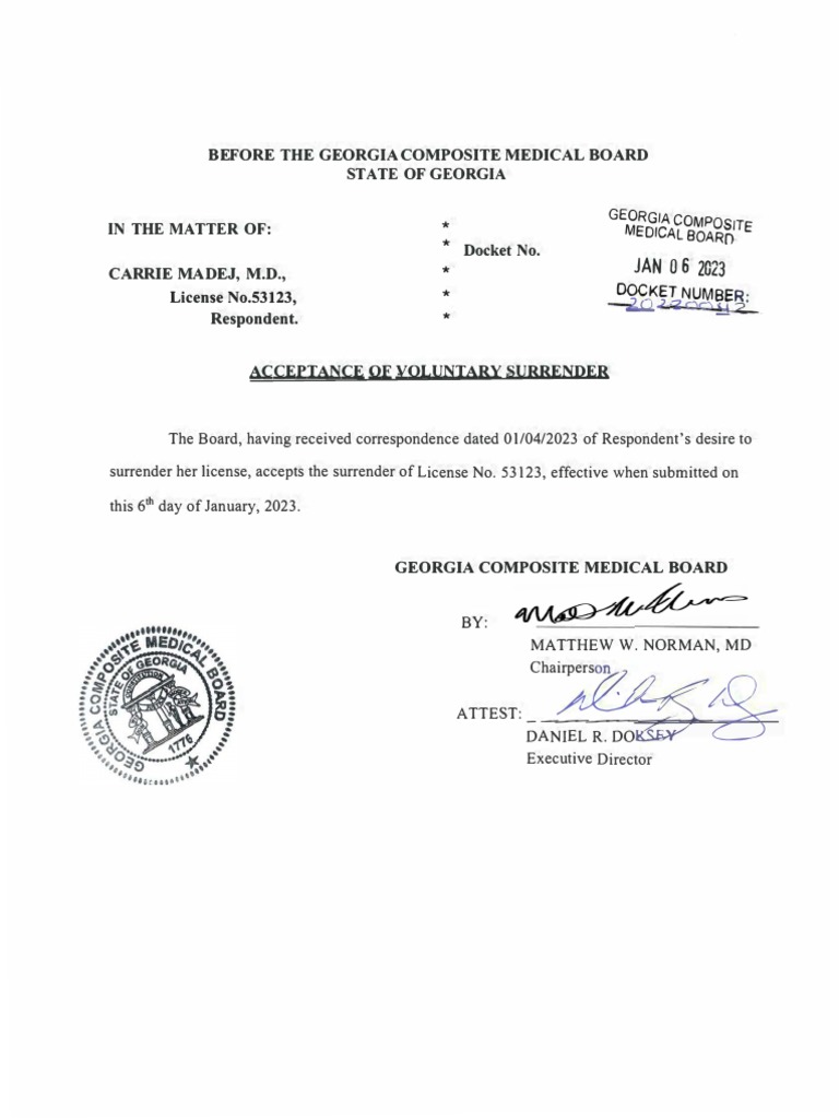 COVID19 Quack Carrie Lynn Madej MD Voluntarily Surrenders Her Medical License GA (1/6