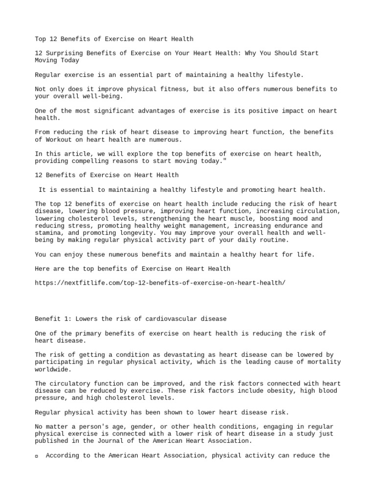 Top 12 Benefits of Exercise On Heart Health | PDF | Cardiovascular ...