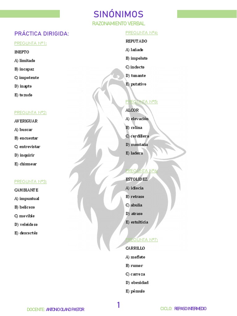 Sinónimos: Práctica de Razonamiento Verbal | PDF
