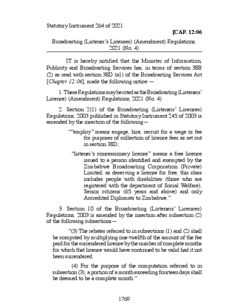 SI 2021264 Broadcasting (Listener's Licenses) (Amendment) Regulations