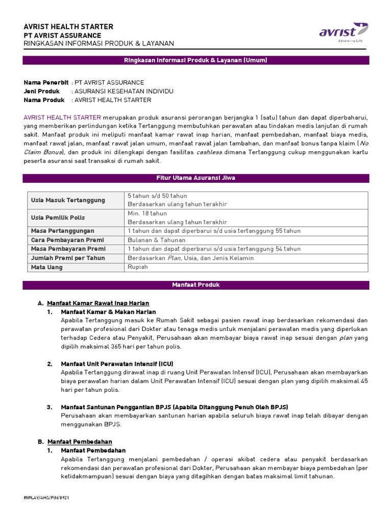 Avrist Health Starter: Asuransi Kesehatan Individu | PDF