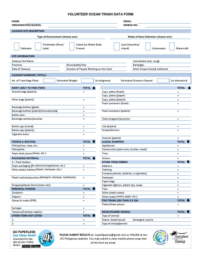 Volunteer Ocean Trash Data Form | PDF | Plastic