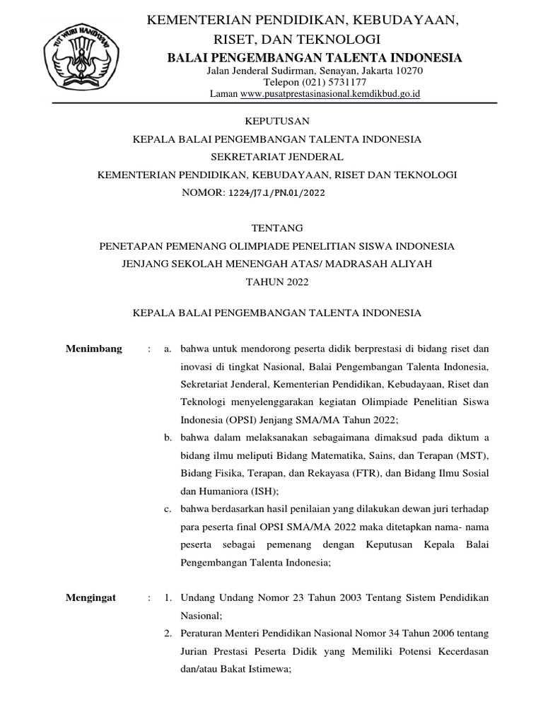 SK Pemenang OPSI 2022 | PDF