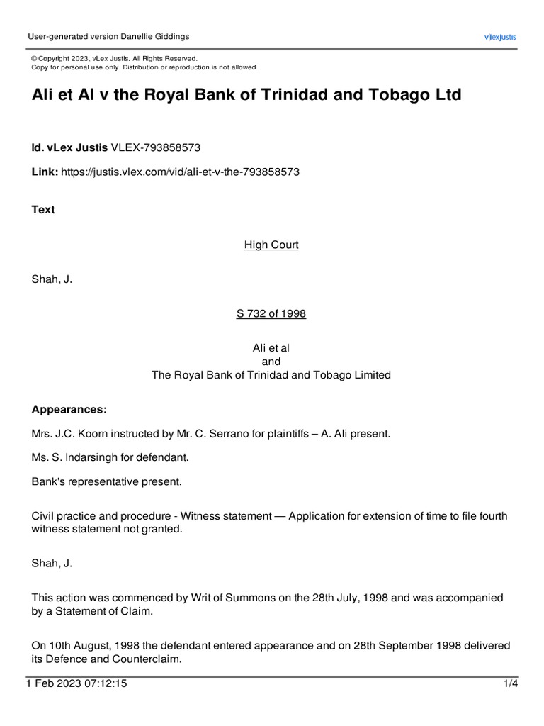 Ali Et Al V The Royal Bank of Trinidad and Tobago LTD Ali Et PDF