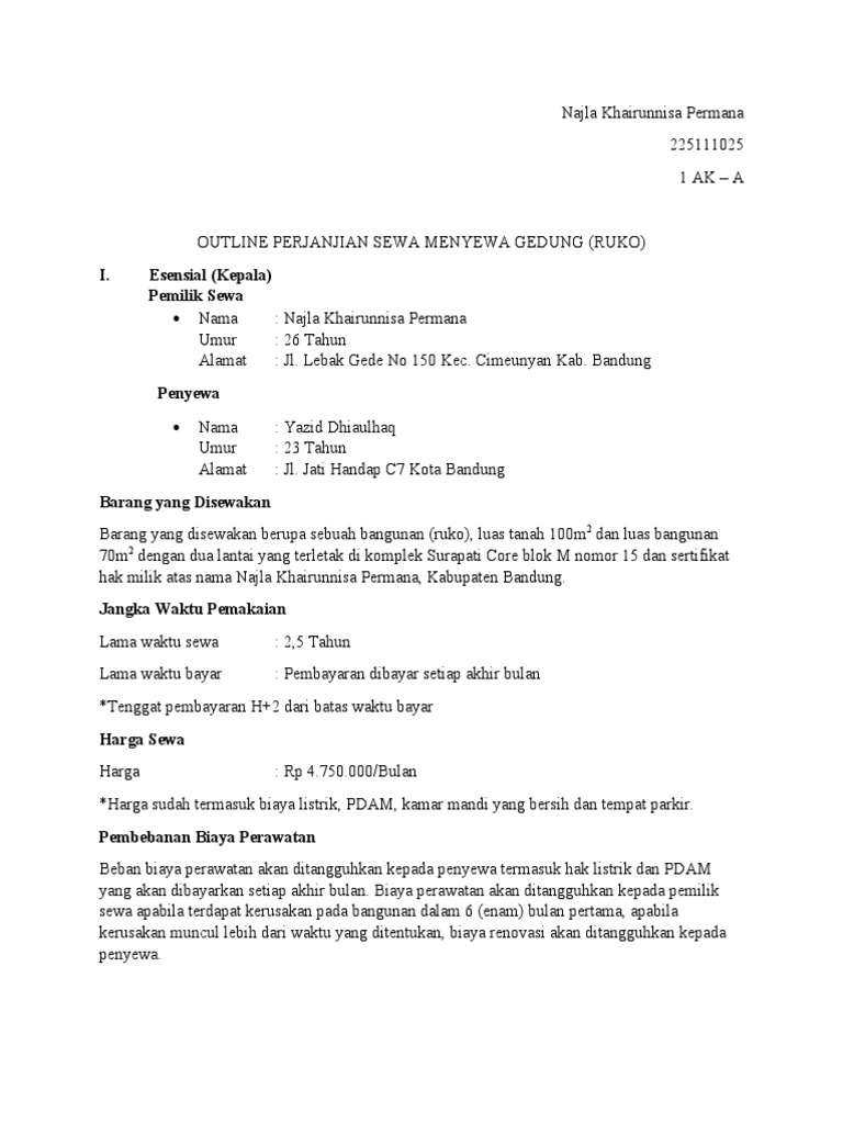 Outline Perjanjian Sewa Ruko | PDF