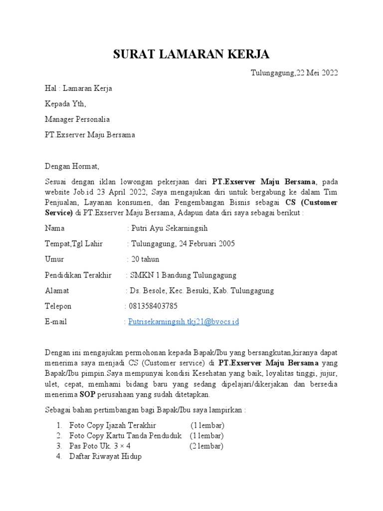 Surat Lamaran Kerja Putri Ayu X TKJ 1 | PDF