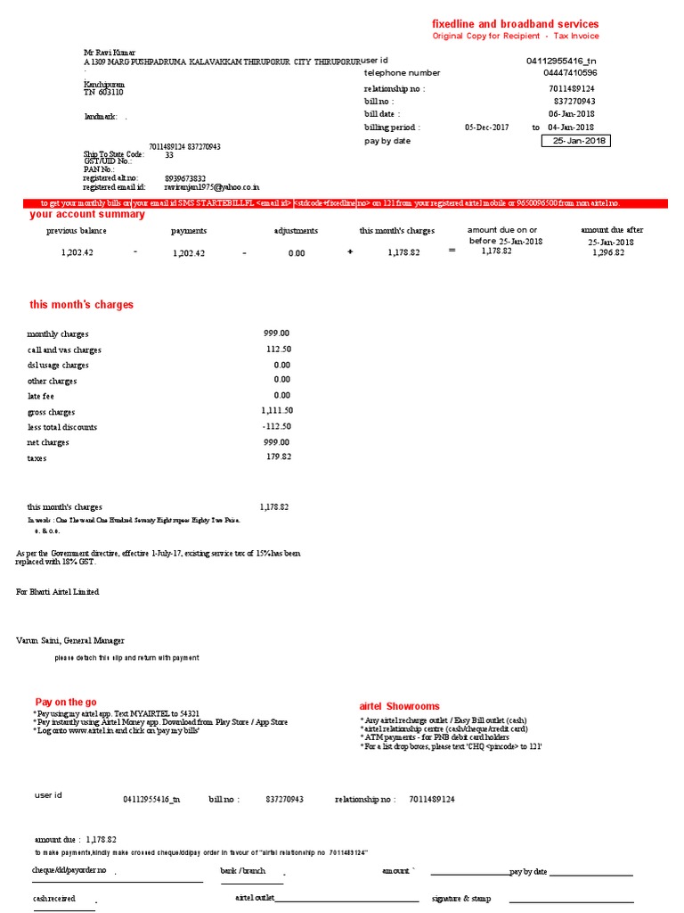 Airtel Broadband Invoice Summary | PDF | Cheque | Payments