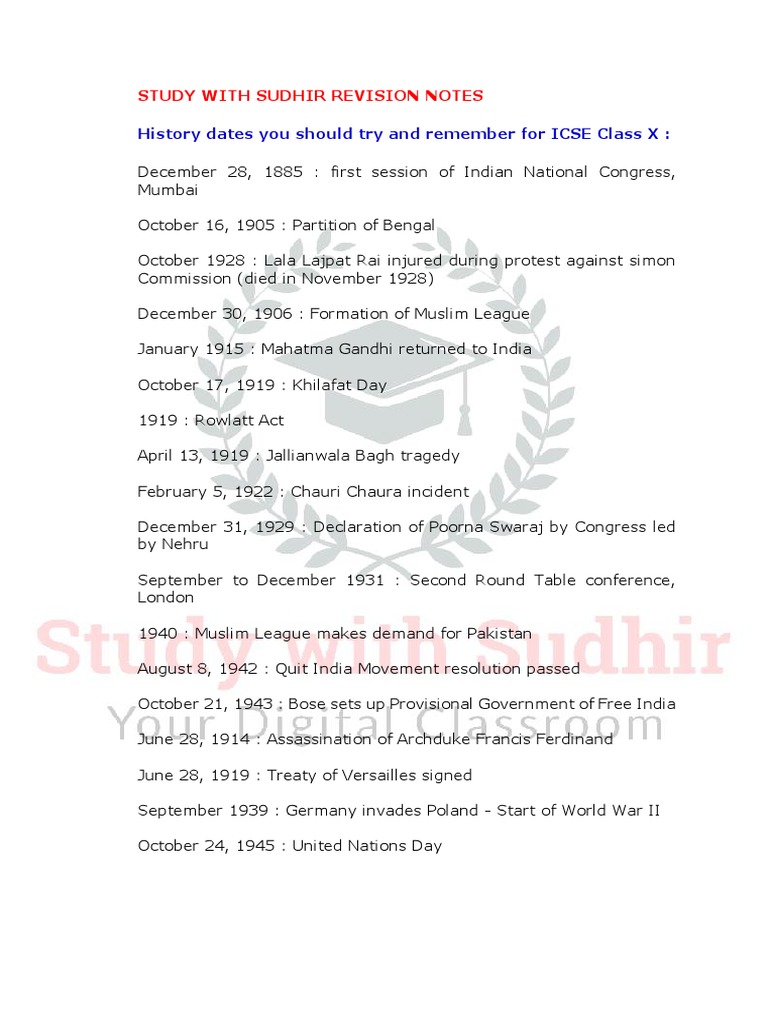 Important History Dates For ICSE 10 PDF
