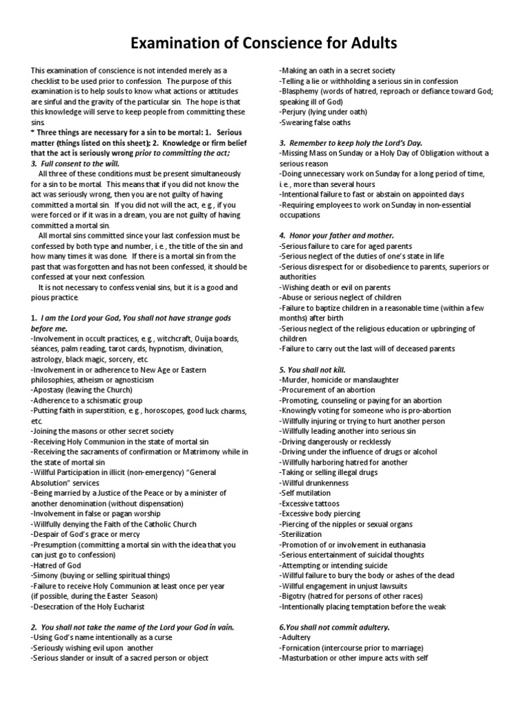 Adult Examination of Conscience Guide | PDF | Penance | Confession ...