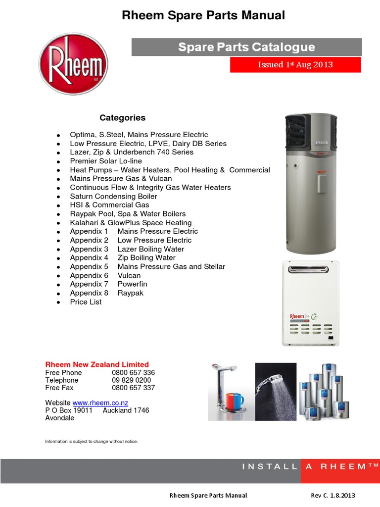 Rheem 2013 Spare Parts Manual | PDF | Valve | Water Heating