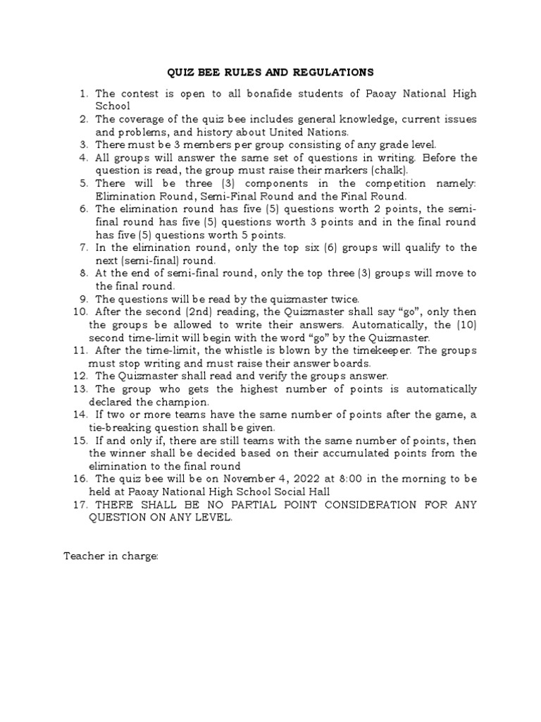 Quiz Bee Rules and Regulations PDF