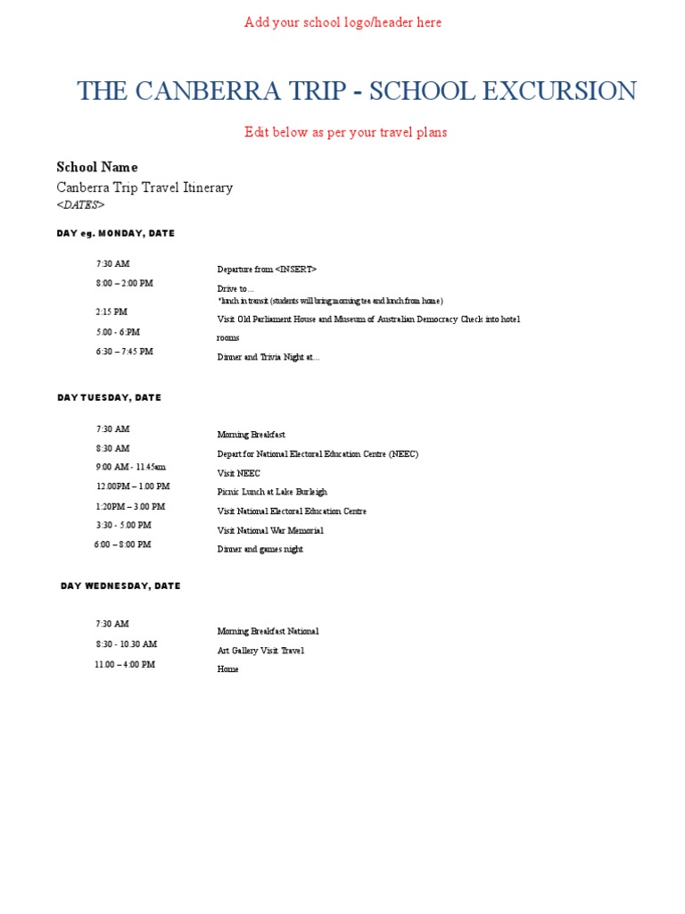 Canberra School Trip Itinerary | PDF
