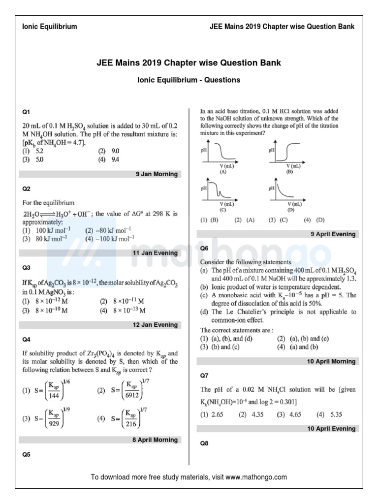 JEE Mains 2019 Ionic Equilibrium Questions | PDF | National Football ...