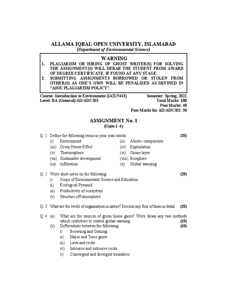 AIOU Environmental Science Assignments | PDF | Natural Environment ...