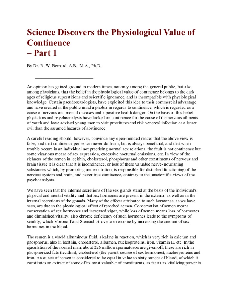 Science Discovers The Physiological Value of Continence | PDF