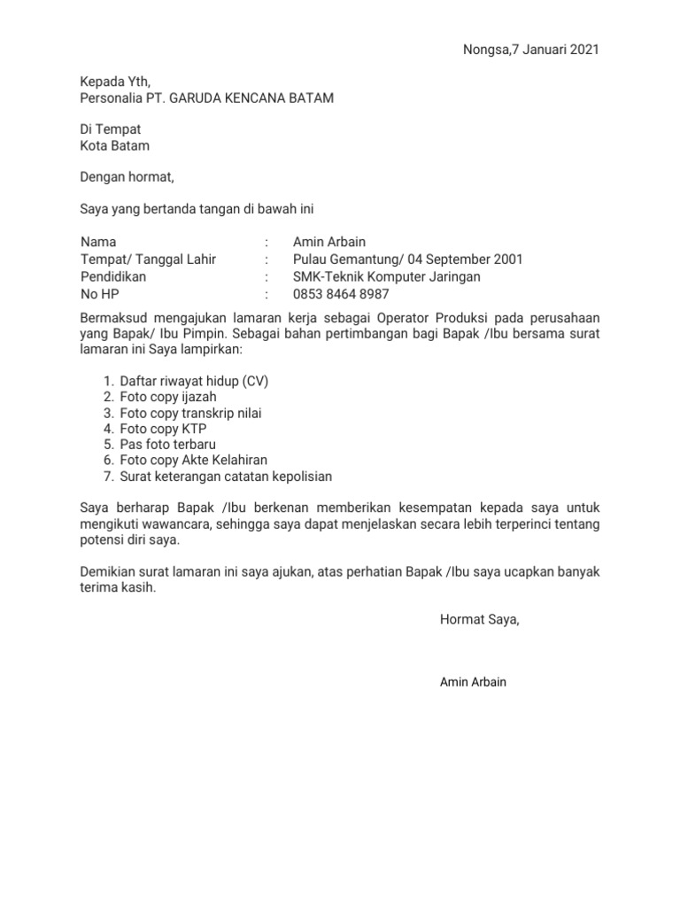 Surat-Lamaran-Kerja-di-PT-Garuda Kencana Batam | PDF