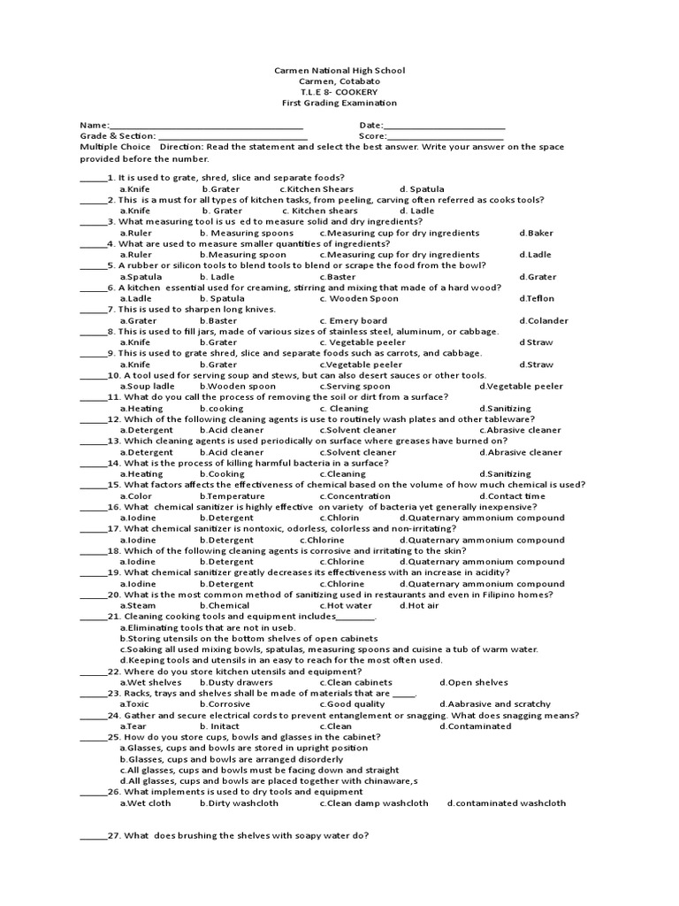 Cookery Exam Review for T.L.E 8 | PDF | Detergent | Materials