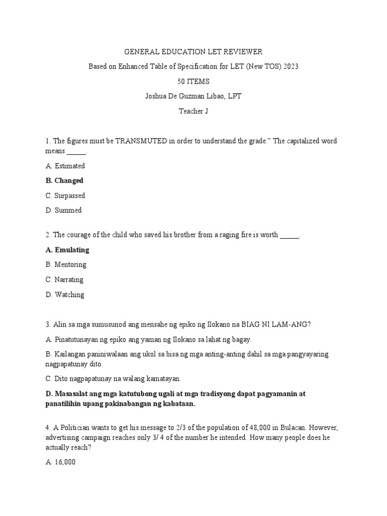 General Education Let Reviewer 50 Items PDF