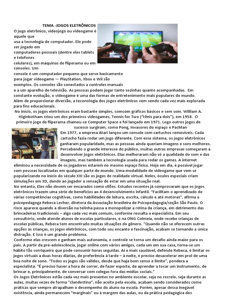 Jogos Eletrônicos: História e Benefícios | PDF | Videogames | Aprendizado