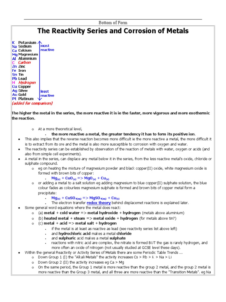 Reactivity Series &amp; Corrosion of Metals | PDF | Rust | Magnesium
