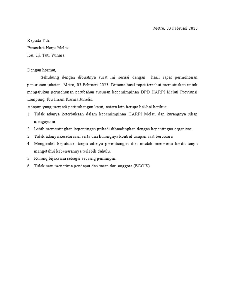 Surat Pernurunan Ketua Harpi Melati Pdf