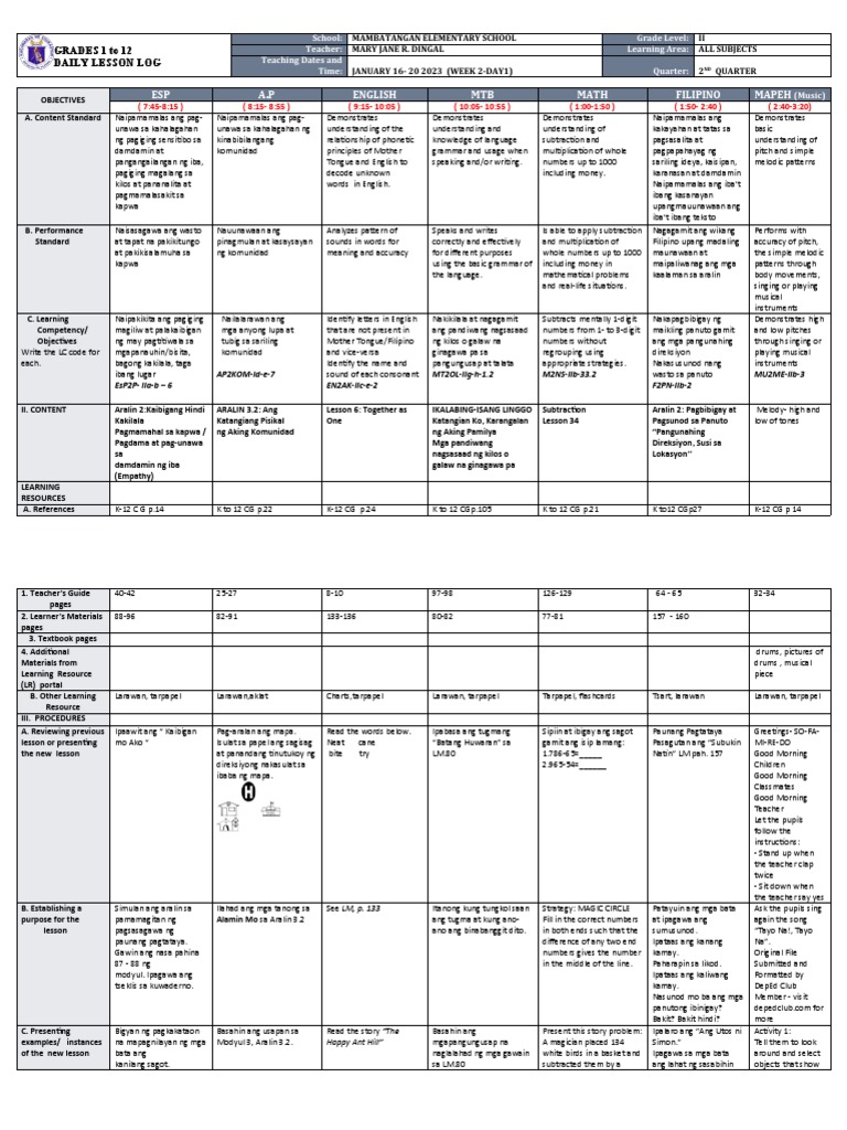 Daily Lesson Log for Grade 2 Subjects | PDF | Cognition