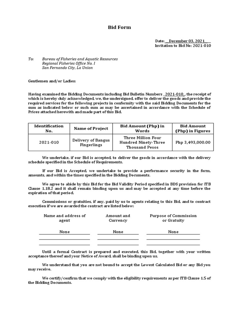 Bid Form Pdf Government Private Law