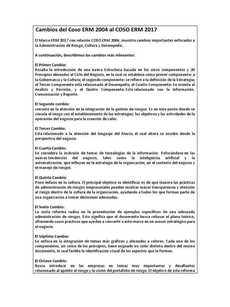 Cambios en COSO ERM 2004 a 2017 | PDF | Gestión de riesgos | Business