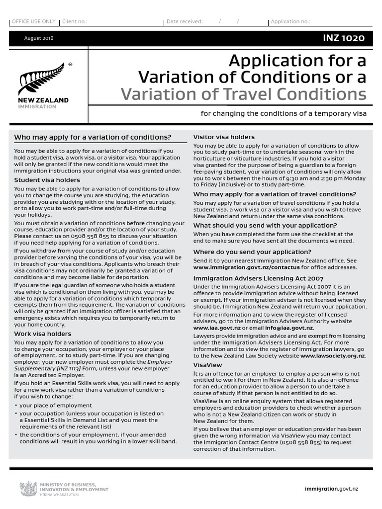 Inz - 1020 - Application - For - Variation - Travel - Conditions ...