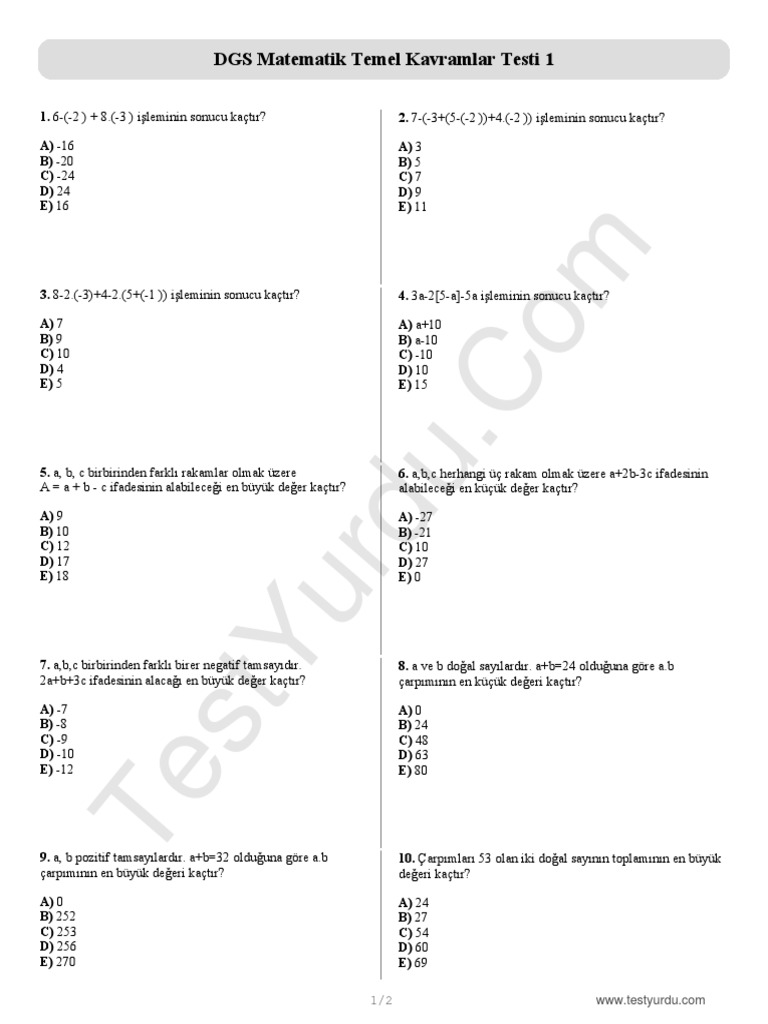 Dgs Matematik Temel Kavramlar Testi 1 | PDF