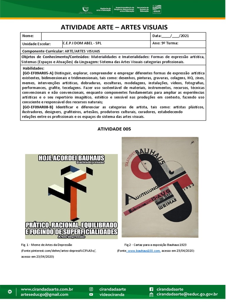 Arte 9º Ano - Semana 1 - Mês 10 - Aula 1 | PDF | Esboço | As artes