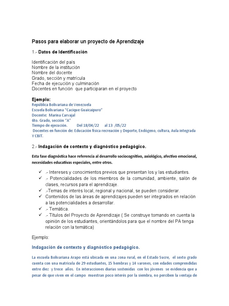 Pasos para Elaborar Un Proyecto de Aprendizaje | PDF | Aprendizaje ...