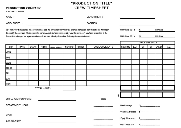 Production Crew Timesheet Template | PDF