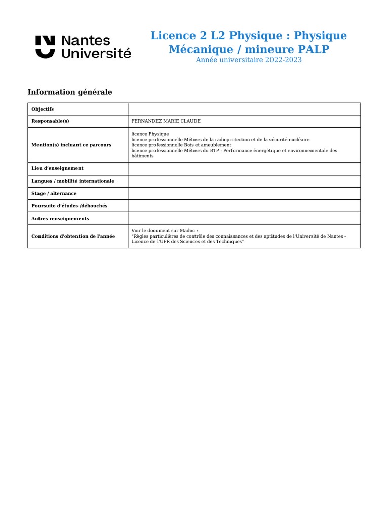 L2 Physique Physique Mecanique Mineure PALP 2022-2023 | PDF | Optique ...