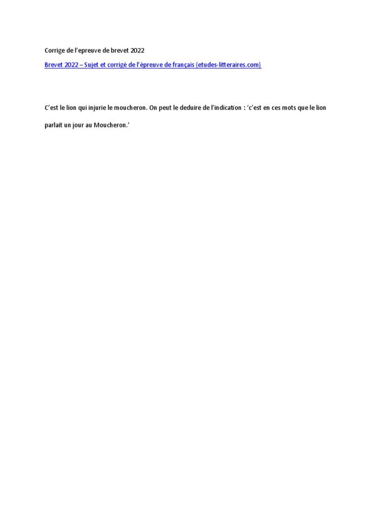 Le Lion Et Le Moucheron Brevet Corrigé Corrige de L | PDF