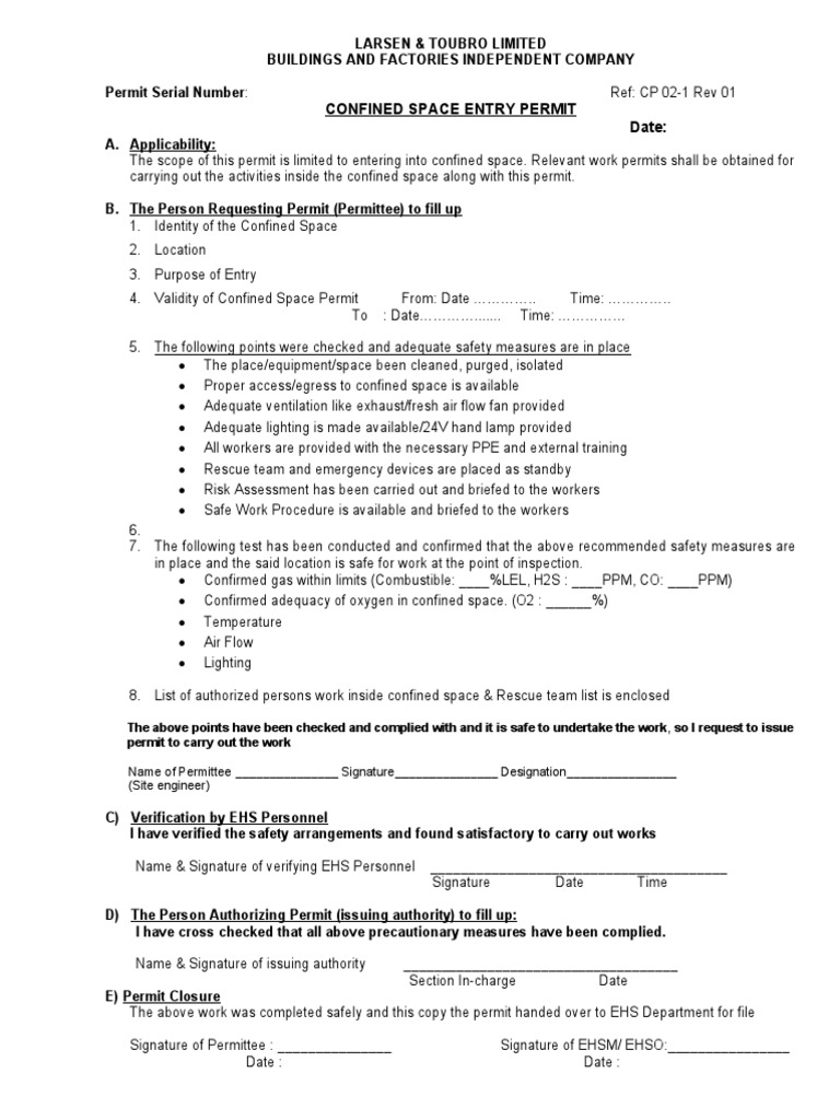 CP 021 Confined Space Permit PDF Occupational Safety And Health