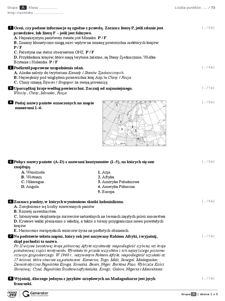 Kartkówka Z Geografii Klasa 6 Podział Polityczny Europy Przykładowy Test Dla Klasy I Podział Polityczny Świata | PDF