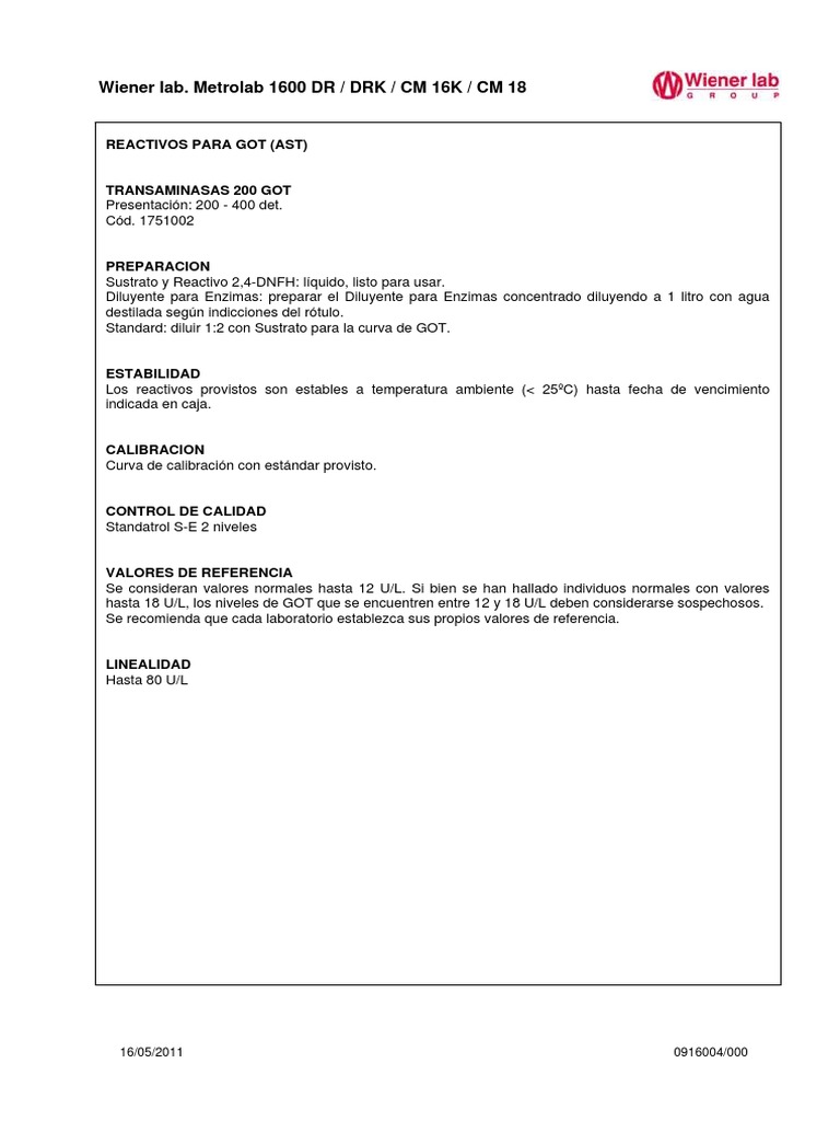 Reactivos para Transaminasas GOT 200 | PDF | Física Aplicada e ...