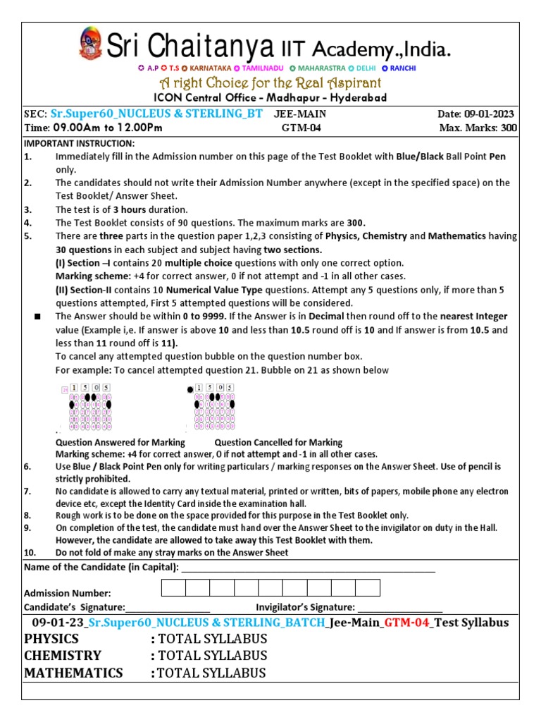 Sri Chaitanya JEE-Main Test Instructions | PDF | Nitric Acid | Waves