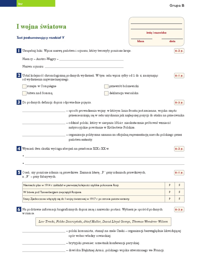 I Wojna Światowa: Test Podsumowujący Rozdział V | PDF