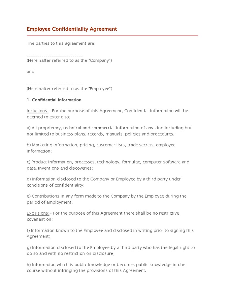 Employee Confidentiality Agreement PDF Confidentiality Trade Secret Employee Confidentiality Agreement PDF Confidentiality Trade Secret