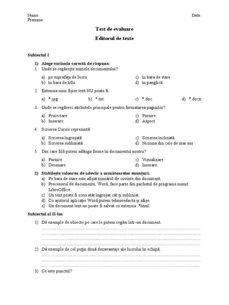 Test de Evaluare - Editorul de Texte | PDF