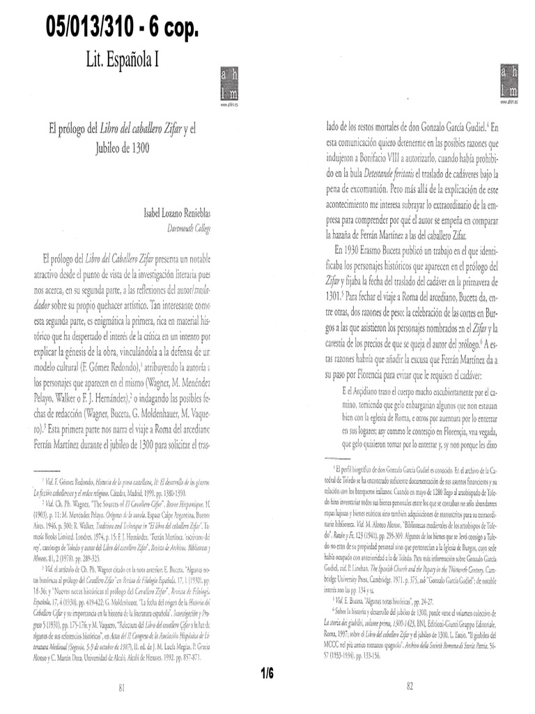 LOZANO El Prólogo Del Libro Del Cavallero Zifar y El Jubileo de 1300 PDF