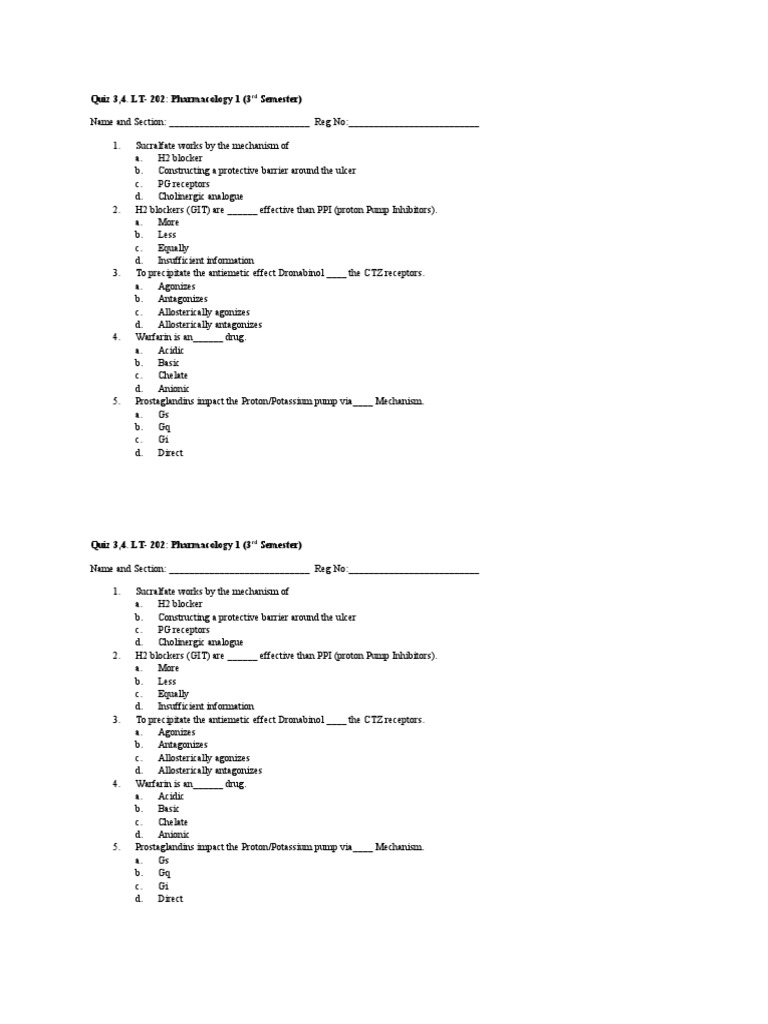 Pharmacology Quiz on Mechanisms of Action and Treatment of